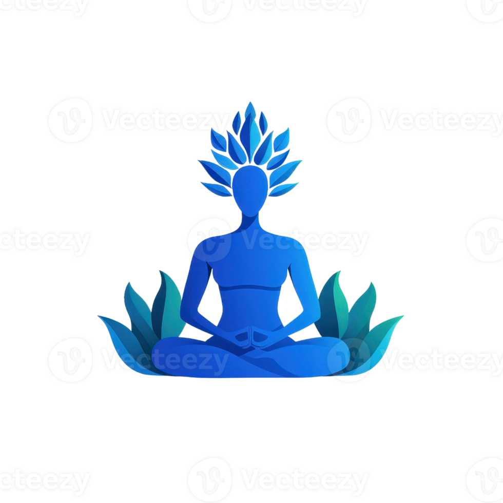 A serene blue figure meditating, surrounded by stylized green leaves, symbolizing peace and tranquility. png