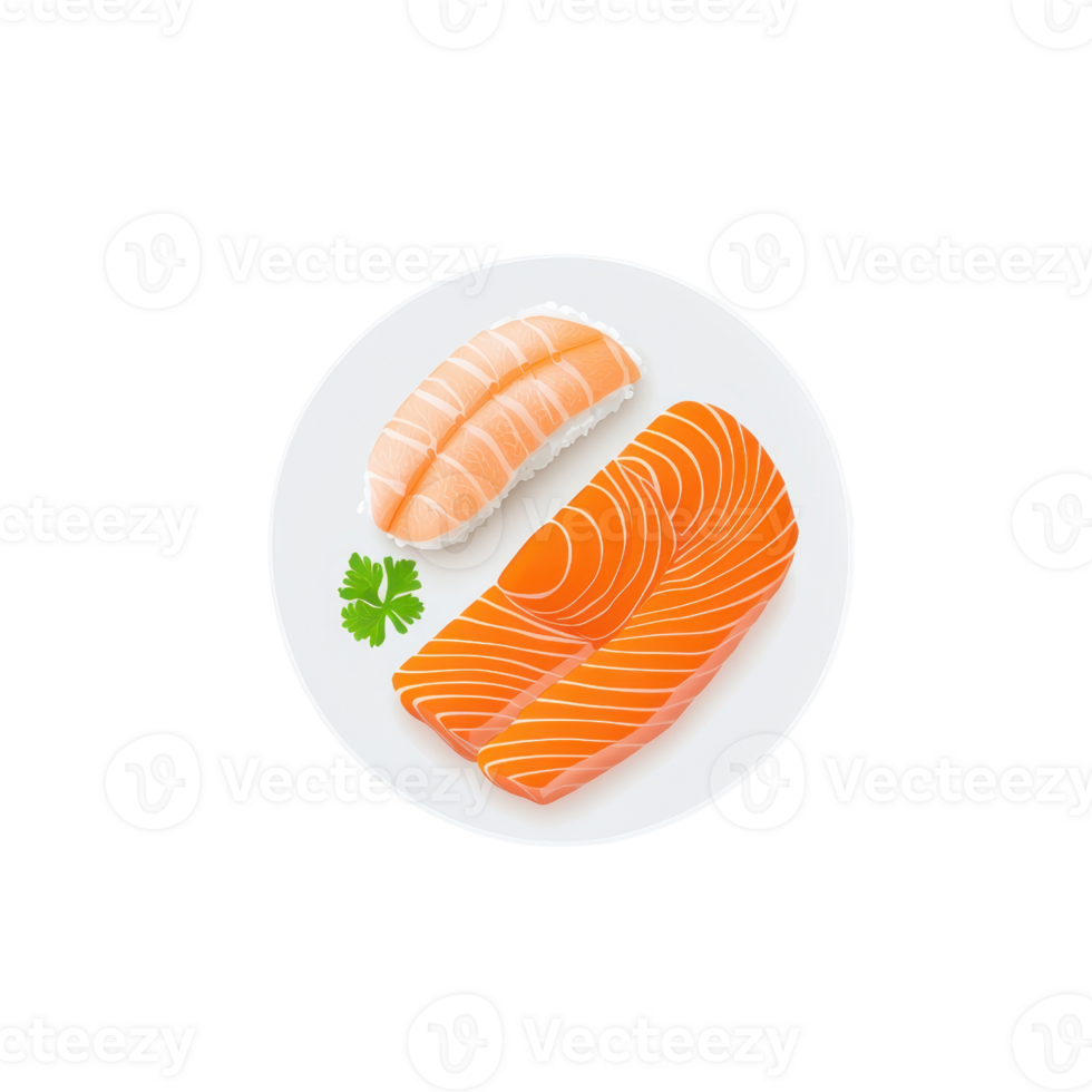 A plate of sushi featuring two types of salmon, one sliced and one in a roll, garnished with a sprig of cilantro. png