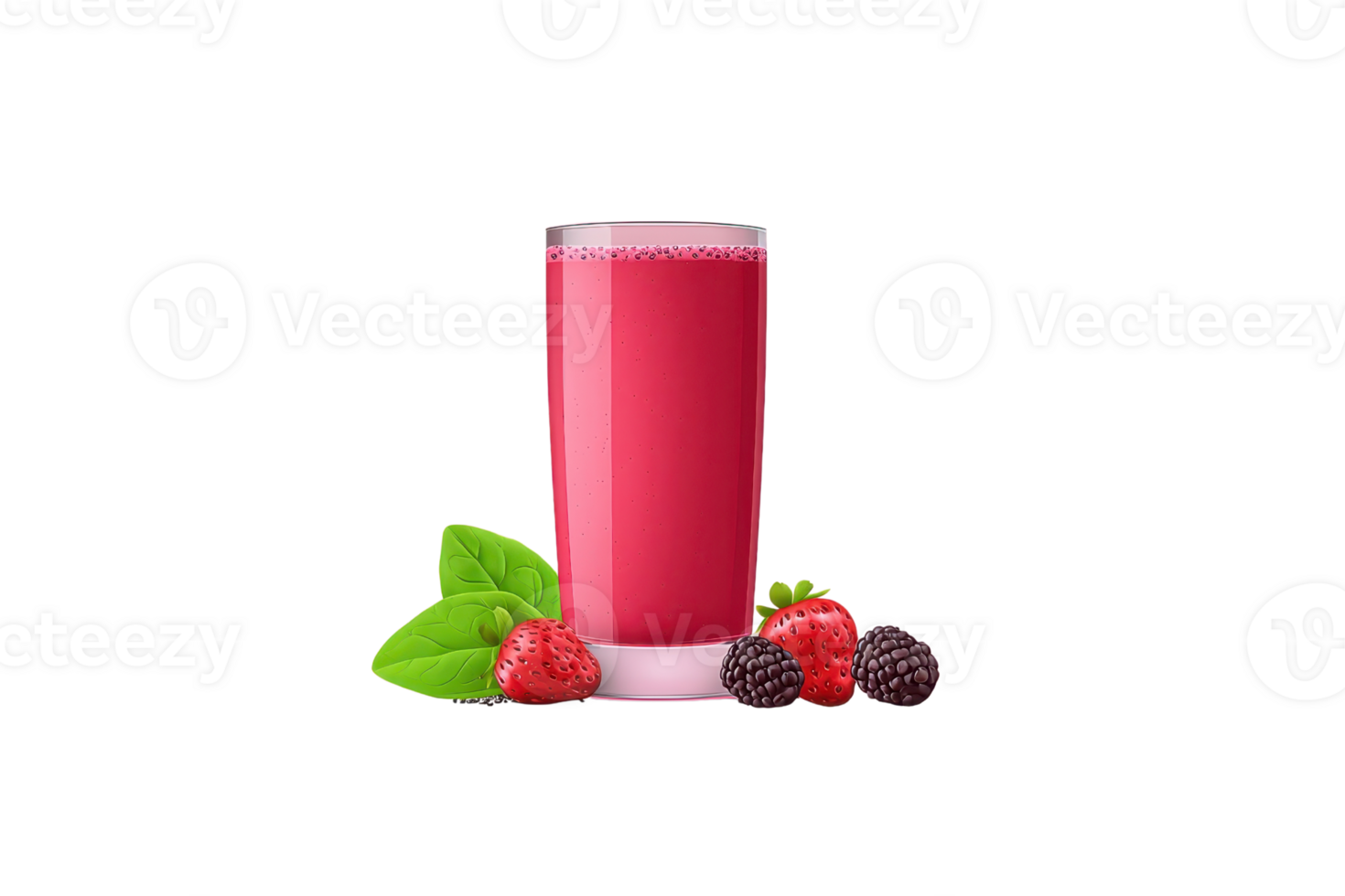 A vibrant pink smoothie in a glass, accompanied by fresh berries and green leaves, showcasing a healthy, refreshing beverage. png