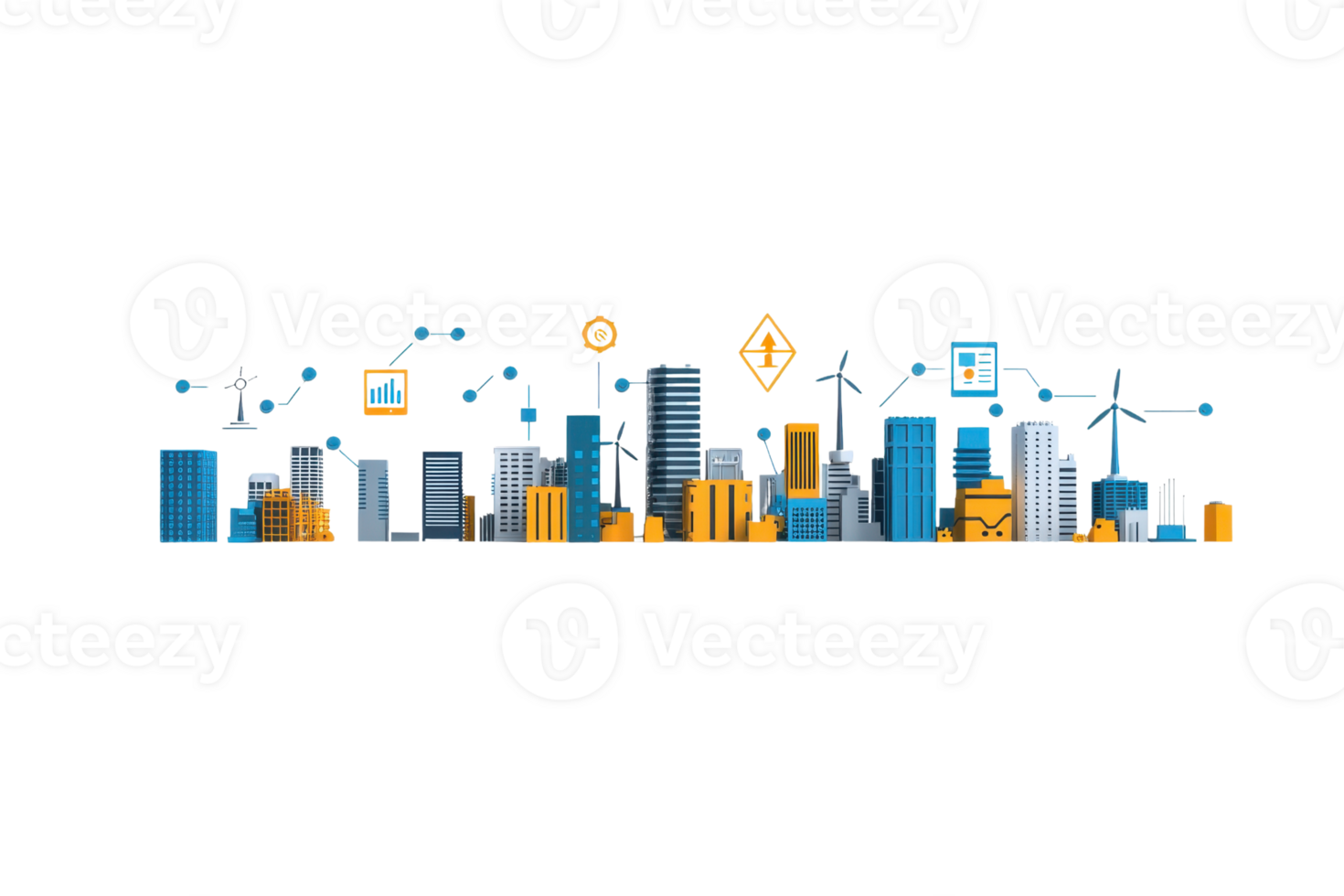 A colorful city skyline illustration featuring various buildings and technology icons, symbolizing urban development and smart city concepts. png