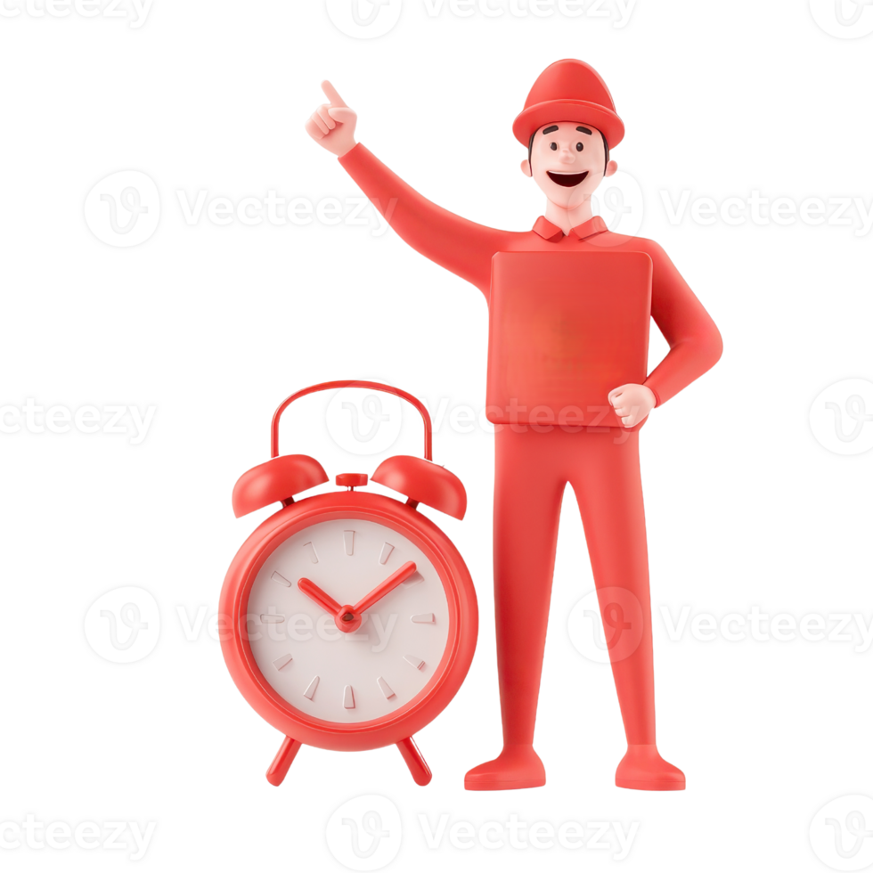 A cheerful figure in red clothing points while standing beside a classic alarm clock, emphasizing time management and punctuality. png