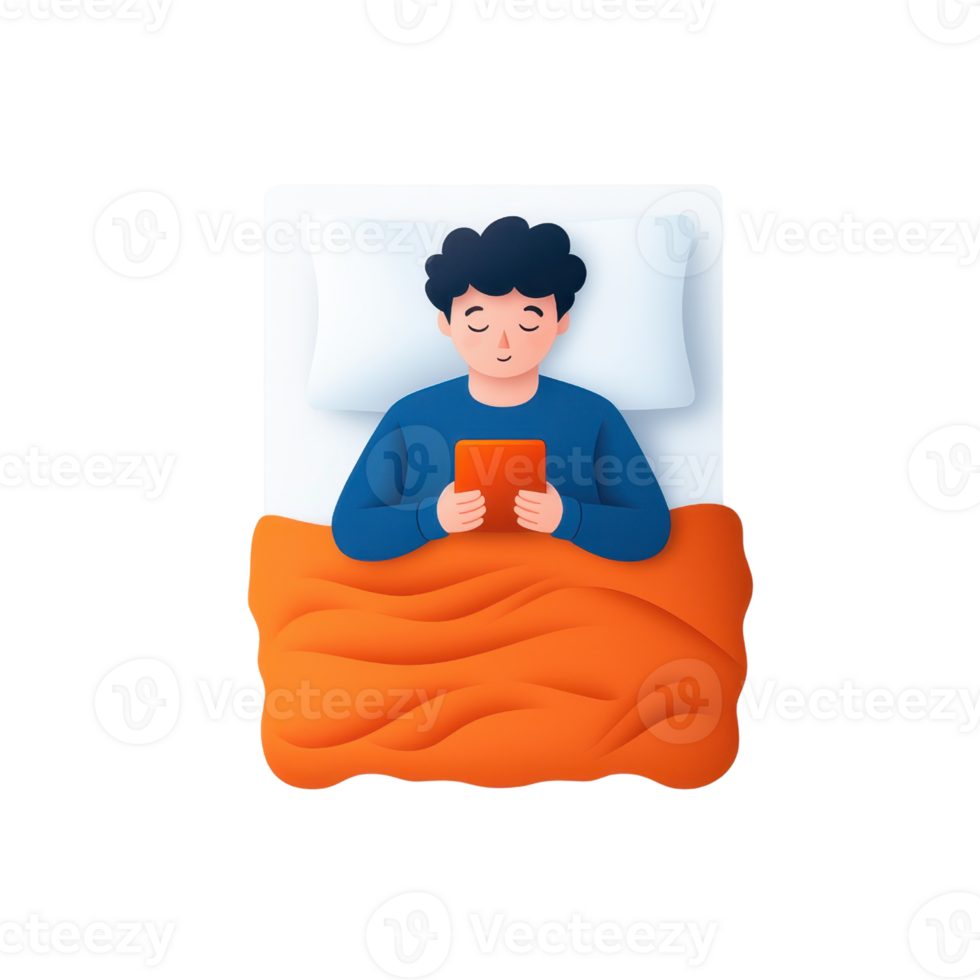 A person lying in bed, using a device, with a cozy orange blanket and white pillows. png