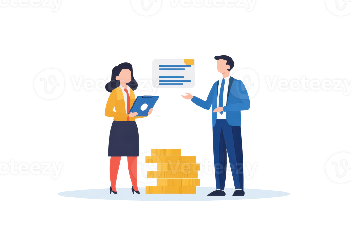 Two professionals discussing documents with stacks of files, one holding a tablet, while the other presents information. png