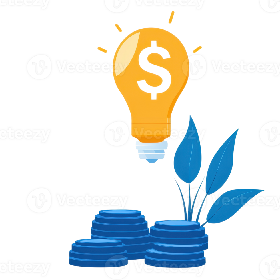 A light bulb with a dollar sign, symbolizing innovative ideas and financial growth, is positioned above a stack of coins and green leaves. png