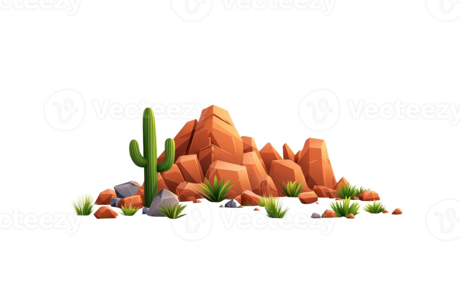 A vibrant desert scene featuring a cluster of rocky formations accompanied by a tall cactus and scattered greenery. png