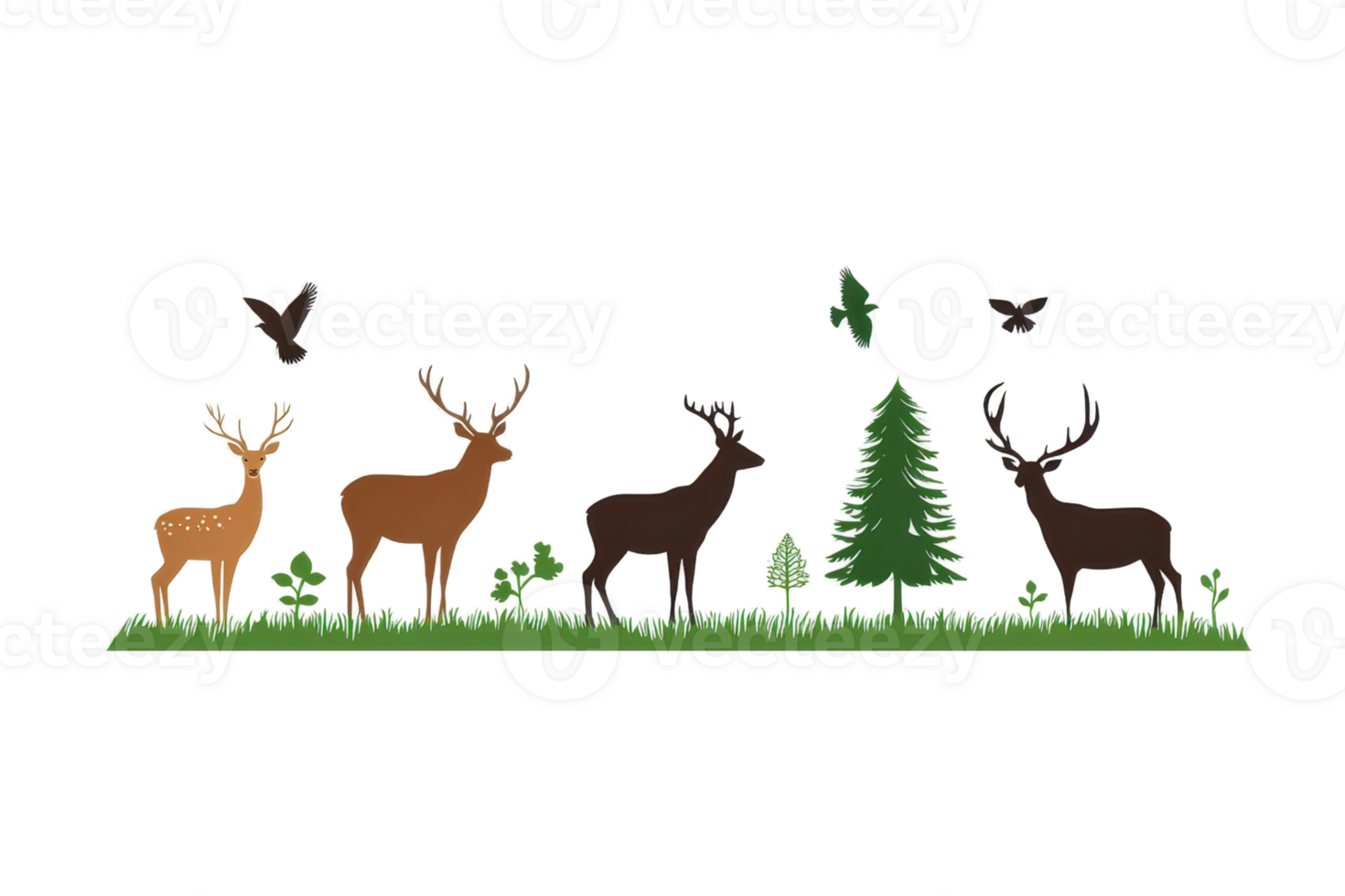 A group of stylized deer stands beside a green tree, accompanied by birds in flight, embodying a serene woodland scene. png
