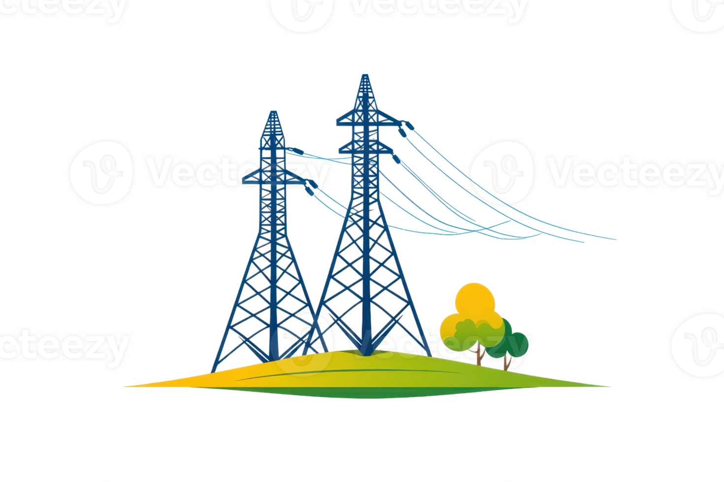 Two blue power transmission towers stand on a green hill, connected by power lines, alongside a small tree. png