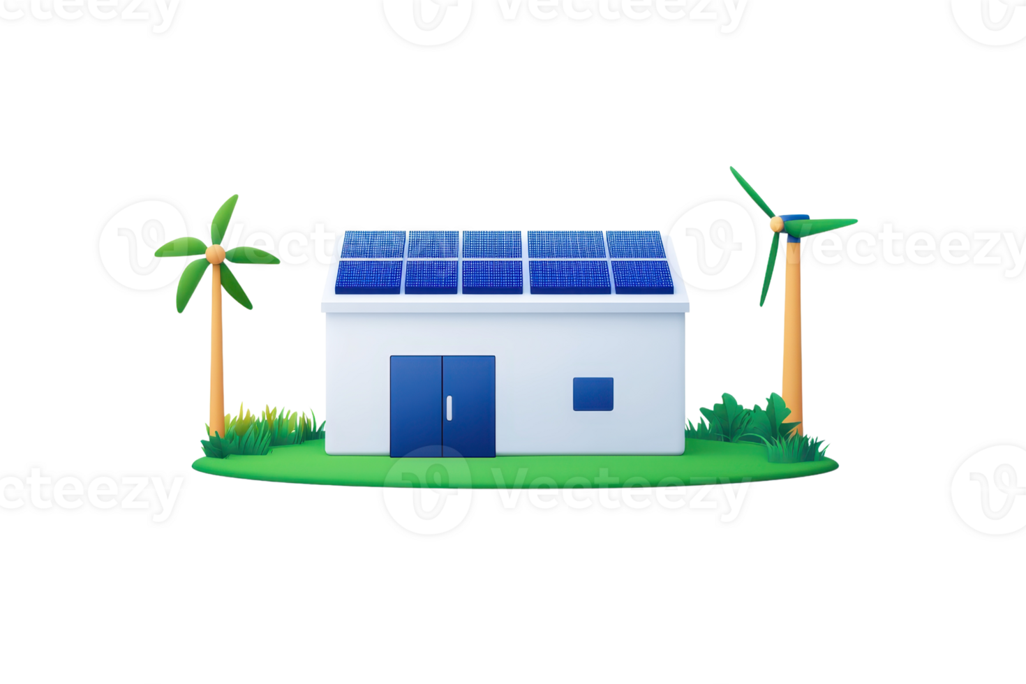 A modern energy facility featuring solar panels, surrounded by palm trees and wind turbines, symbolizing sustainable energy. png