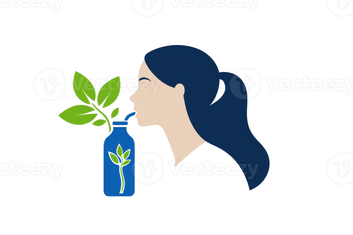 A stylized profile of a woman with a ponytail, interacting with a green plant emerging from a blue bottle. png