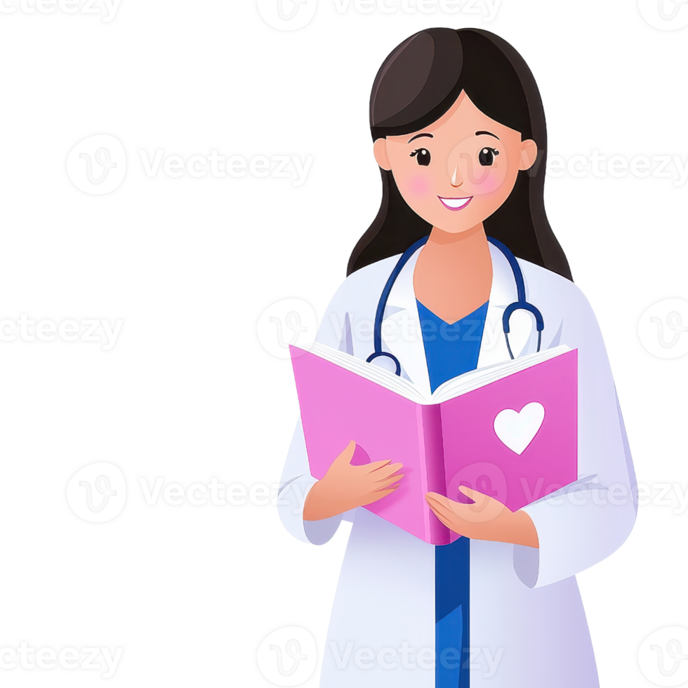 A cheerful female doctor holds an open book with a heart symbol, wearing a lab coat and stethoscope, symbolizing healthcare and compassion. png
