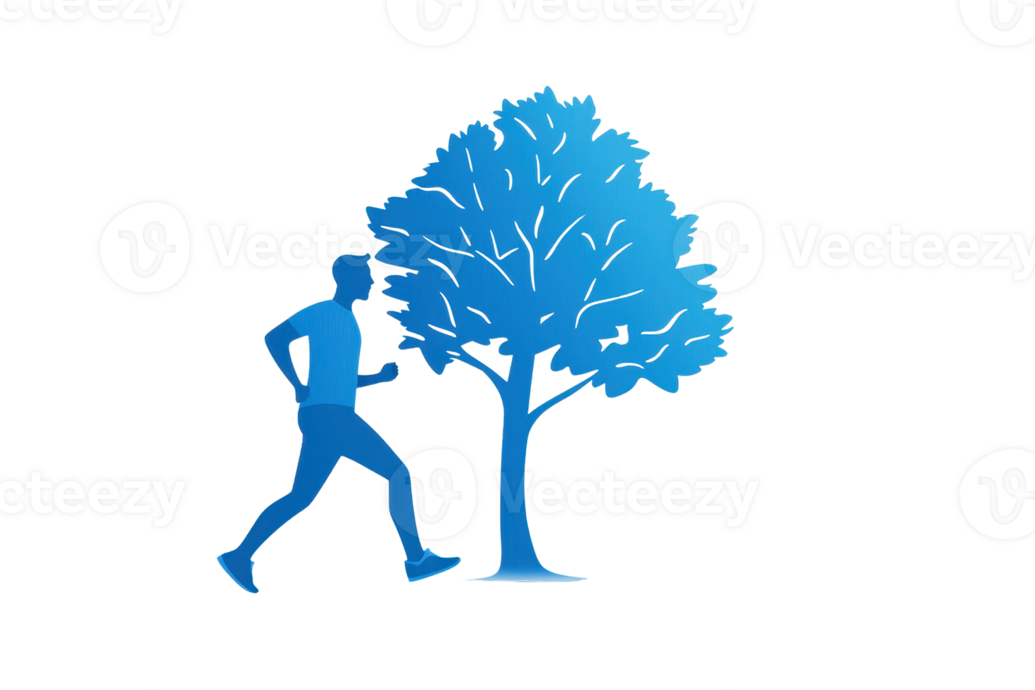 A blue silhouette of a runner beside a stylized blue tree, emphasizing movement and nature. png