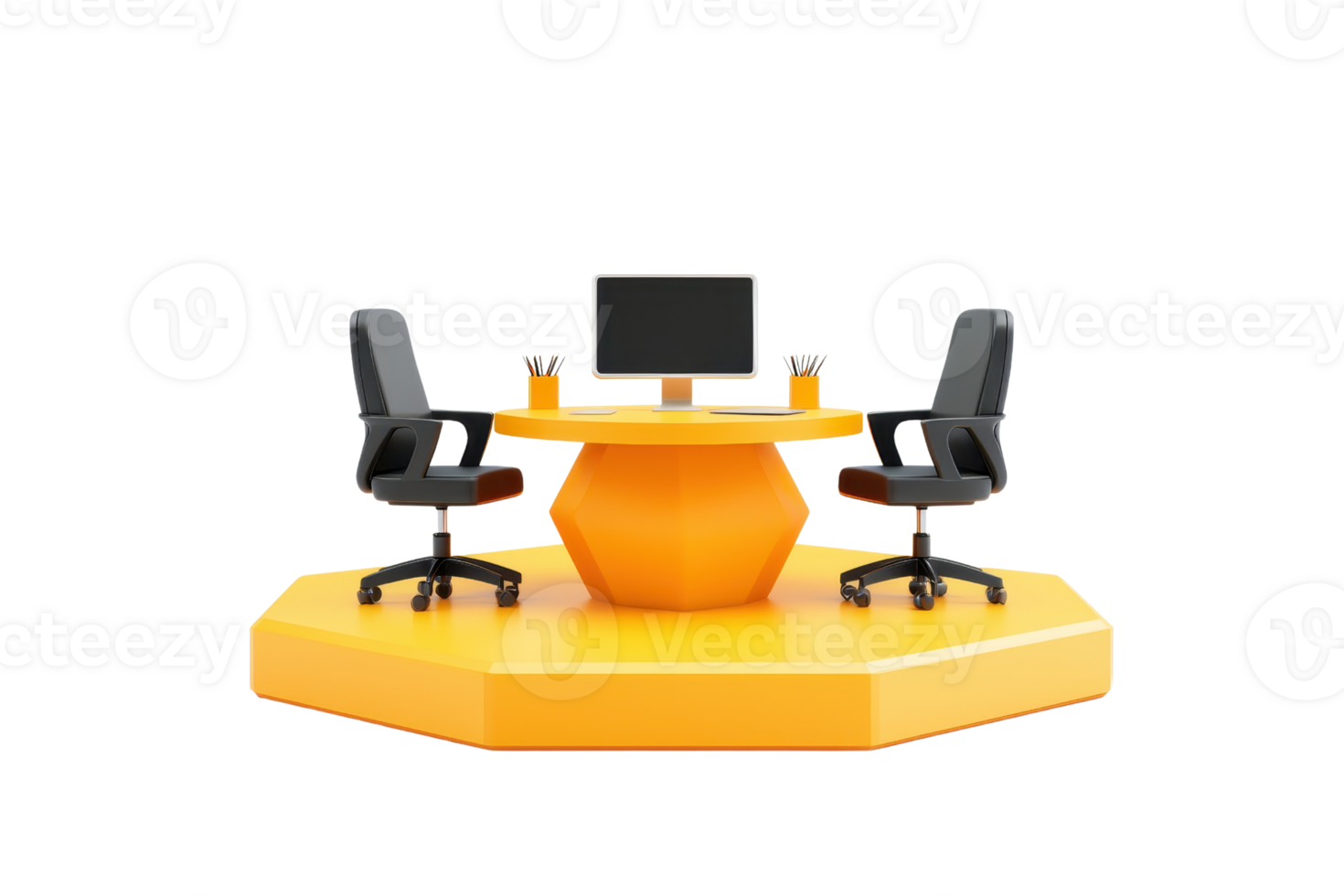 A modern, hexagonal yellow desk with two black office chairs and a computer monitor, designed for collaborative work or meetings. png