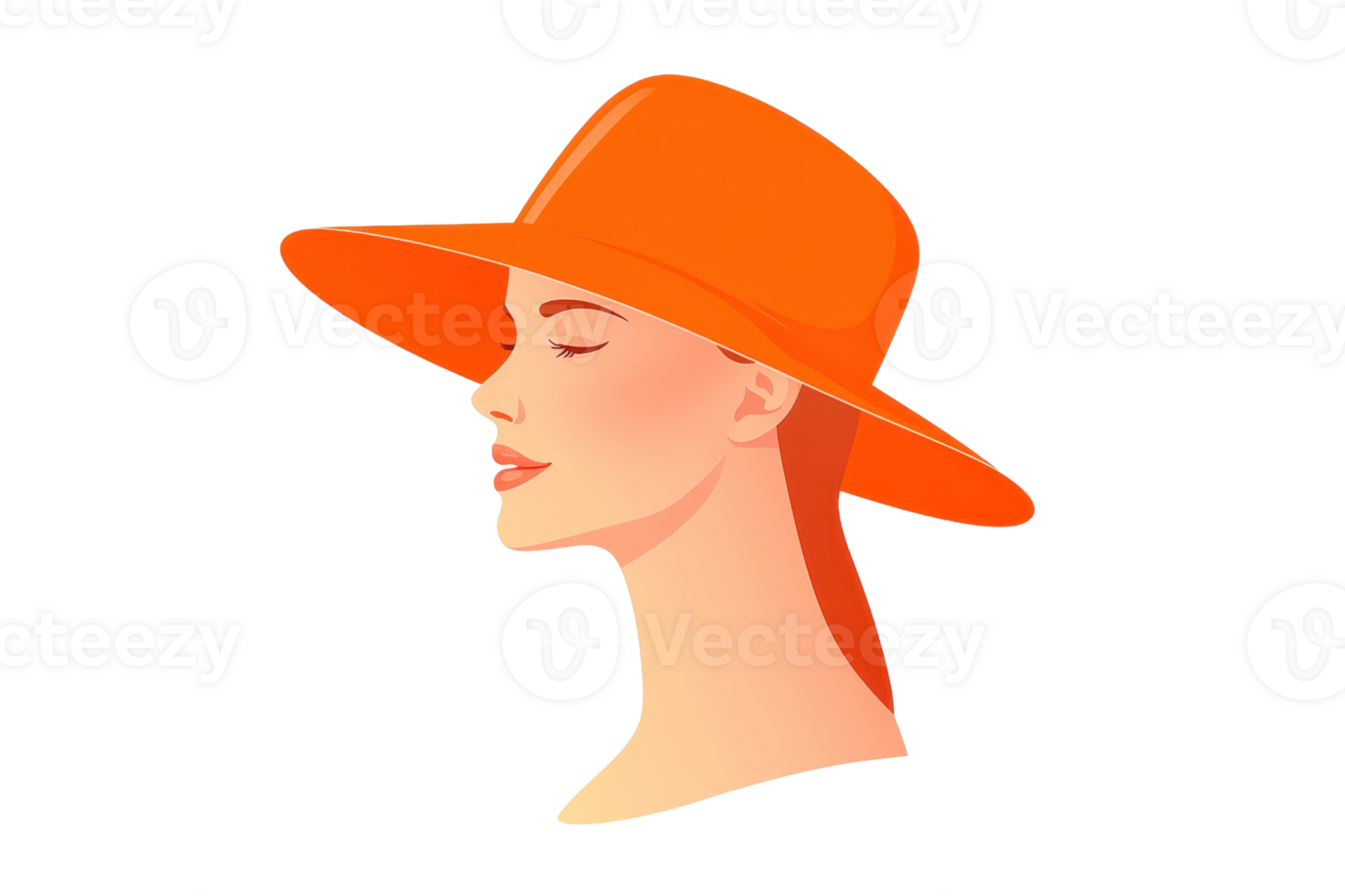 A minimalist illustration of a woman in profile wearing a bright orange hat, conveying elegance and style. png