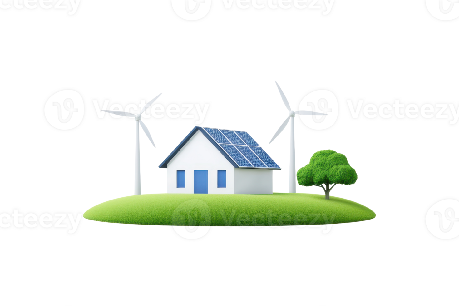 A modern house with solar panels surrounded by wind turbines and greenery, symbolizing renewable energy and sustainability. png