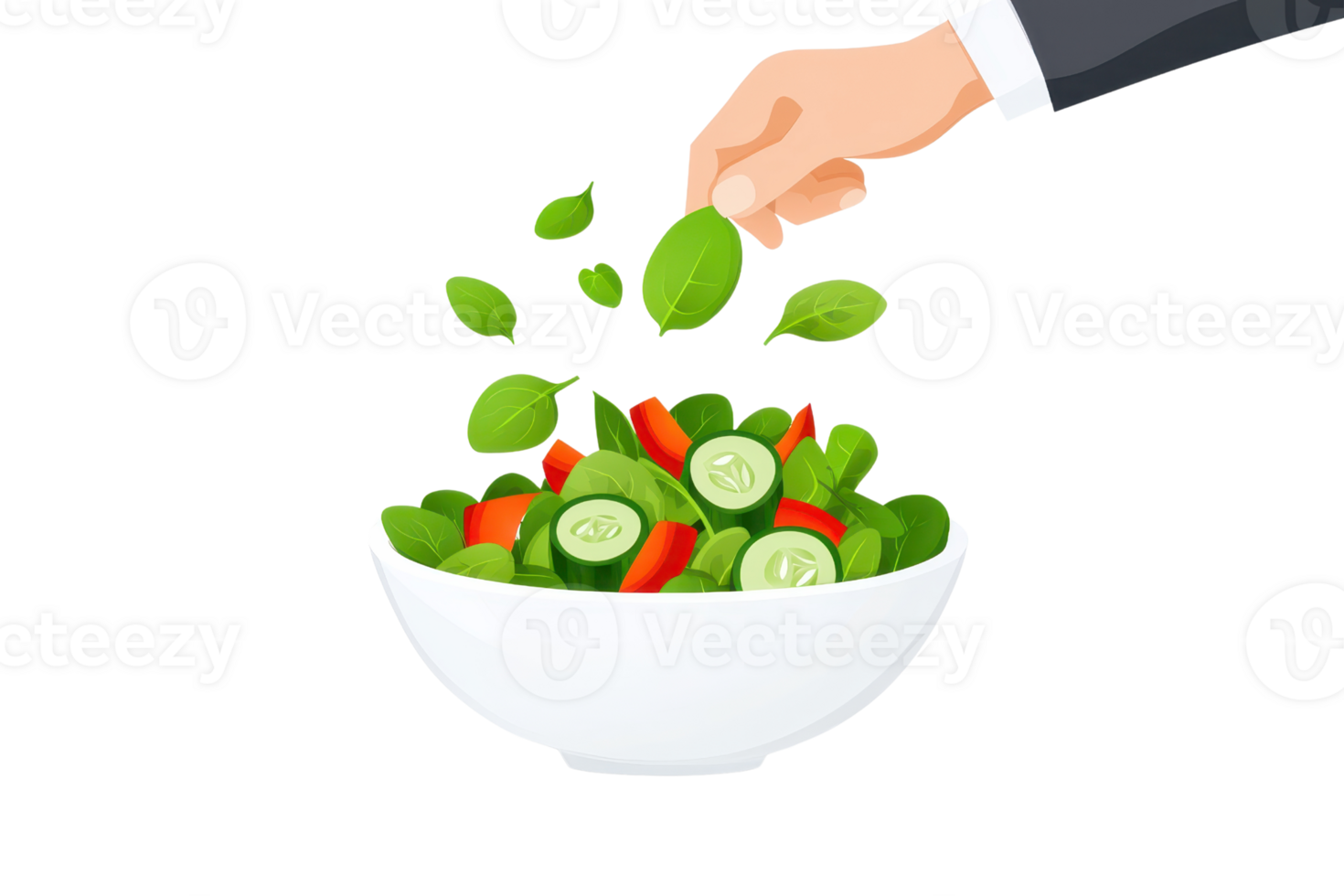 A hand sprinkles fresh ingredients into a bowl of salad, showcasing vibrant greens and colorful vegetables against a dark background. png