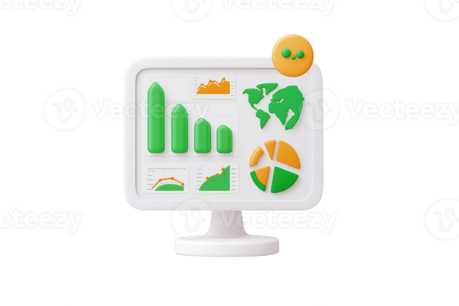 A computer monitor displaying various graphs and charts in green and orange colors. png
