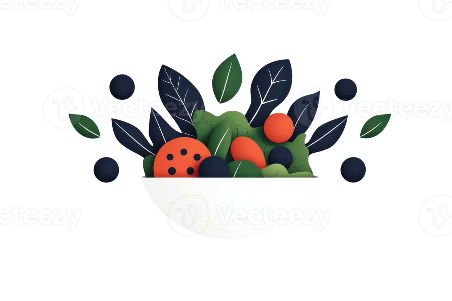 A colorful bowl filled with fresh greens, berries, and a cookie, surrounded by stylized leaves. png