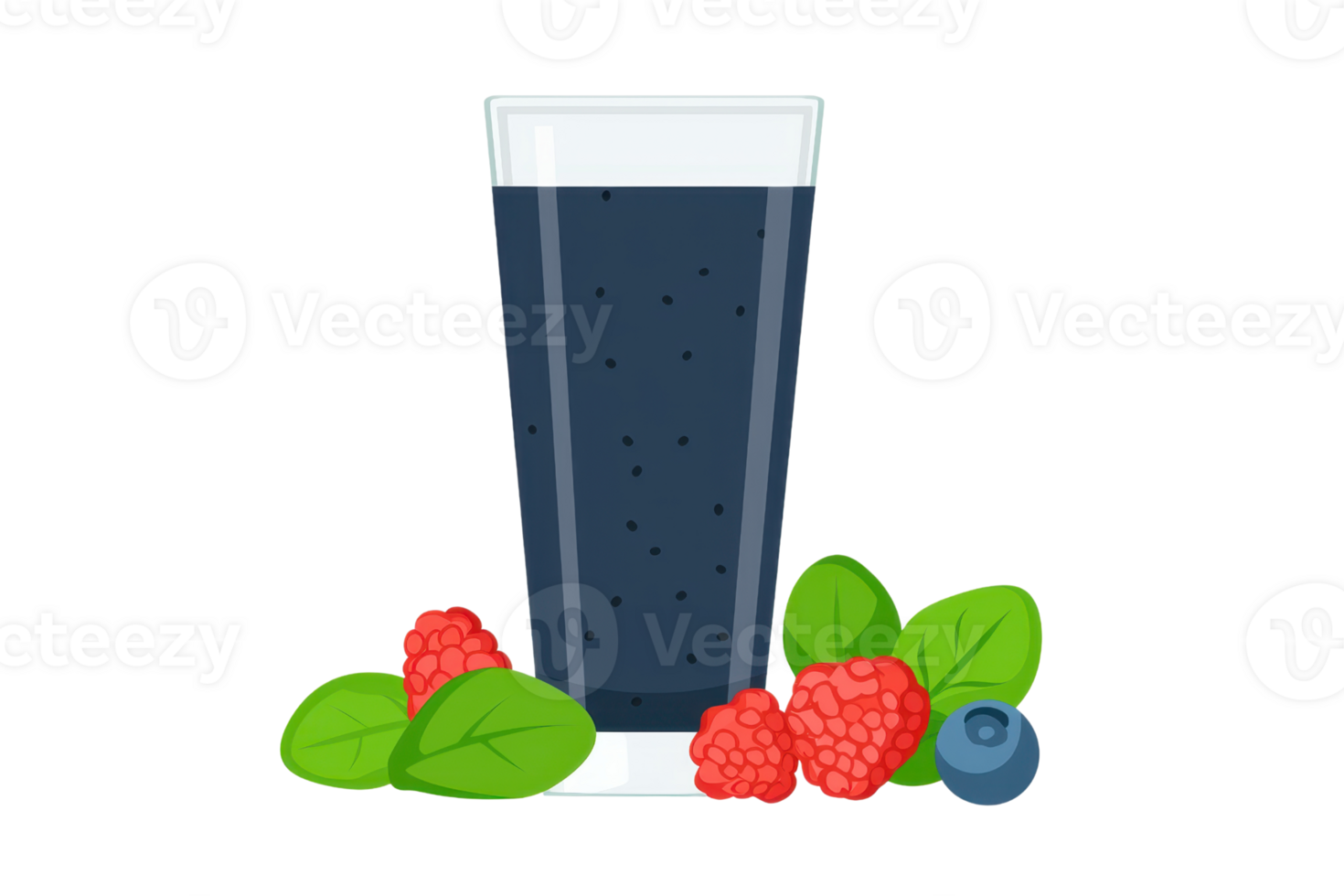 A tall glass filled with a dark beverage, accompanied by fresh raspberries, blueberries, and green leaves. png