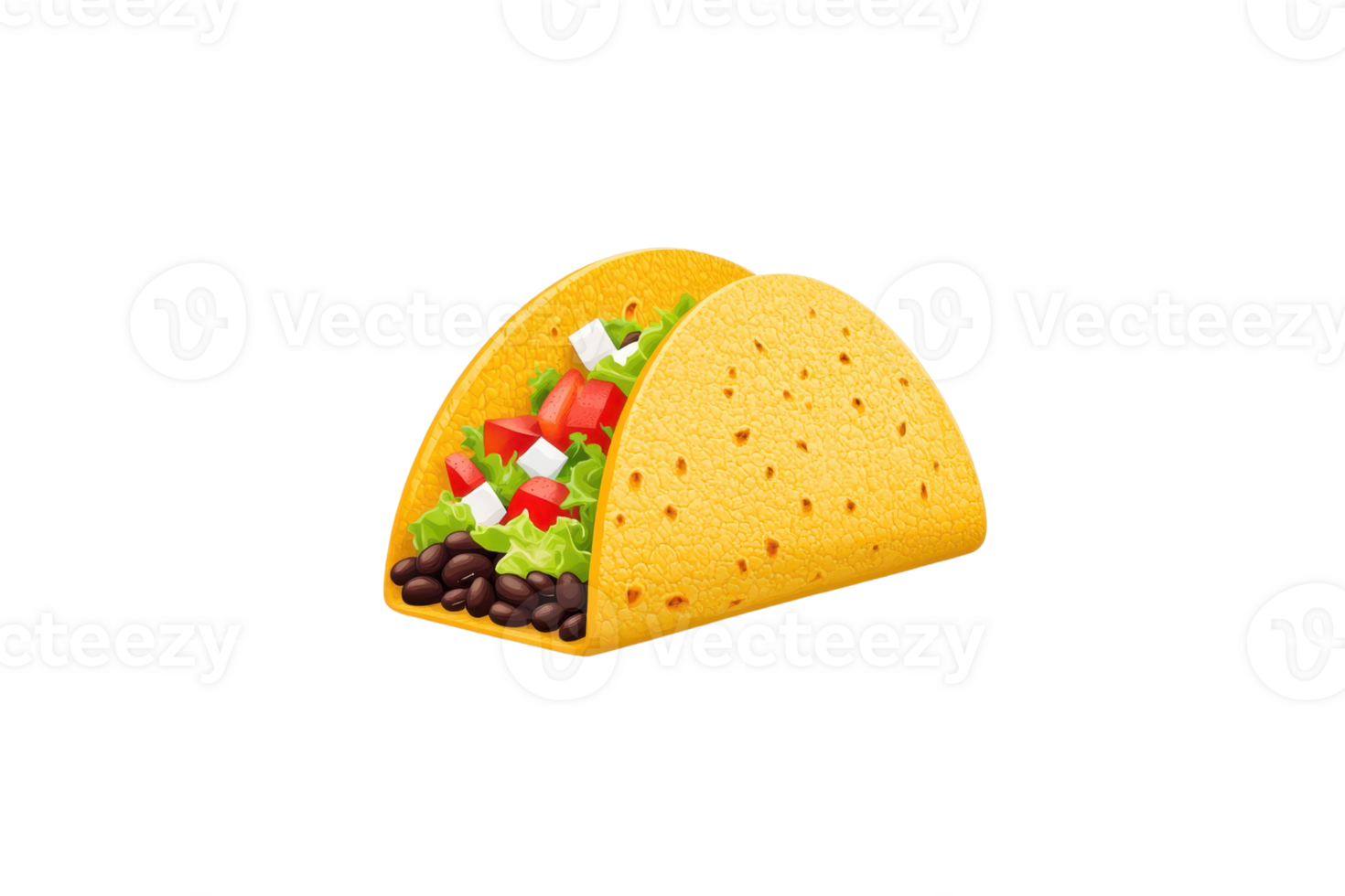 A vibrant taco filled with colorful ingredients like lettuce, tomatoes, and beans, showcasing a delicious, appetizing appearance. png