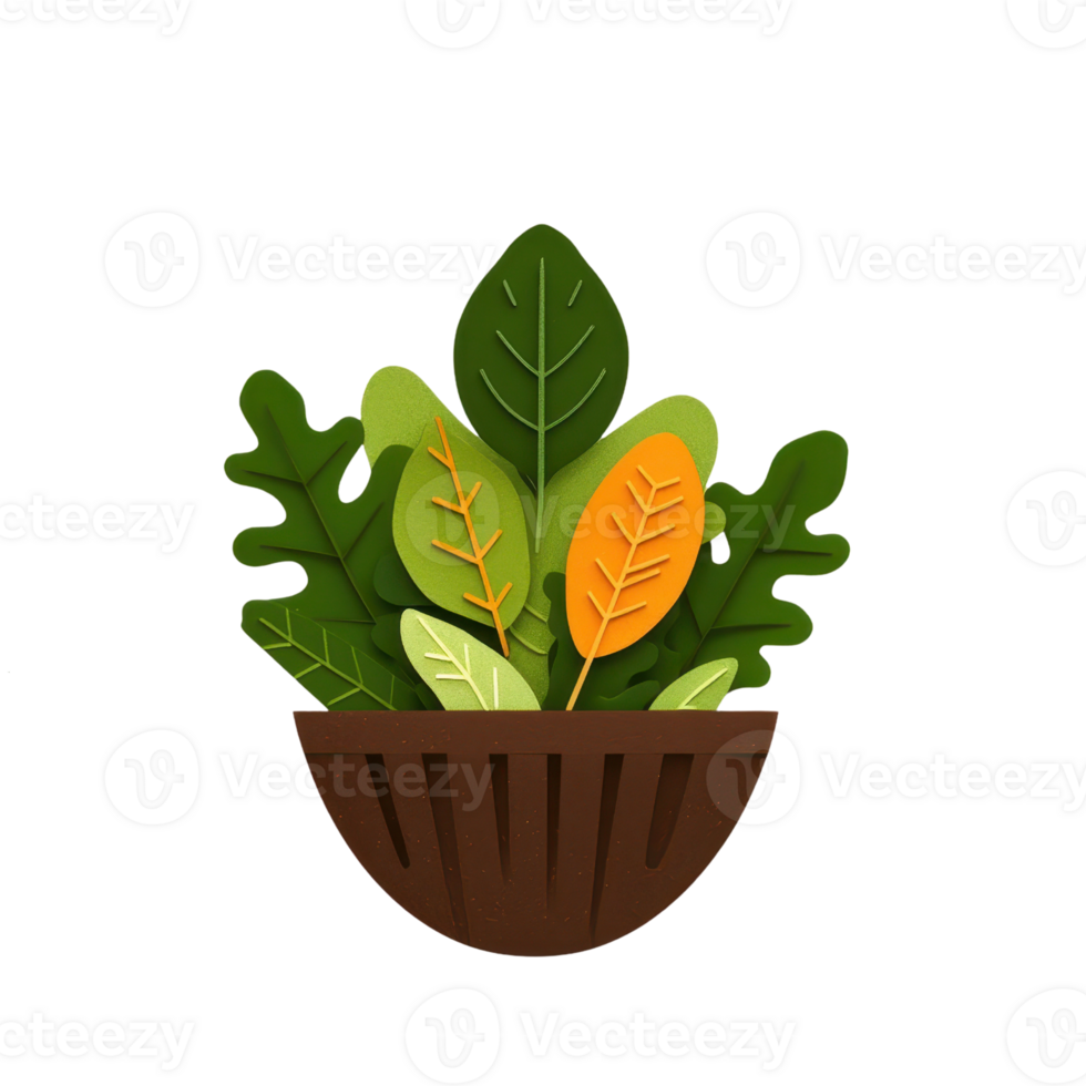 A vibrant assortment of leaves in various shades, arranged in a wooden bowl, showcasing nature's beauty. png