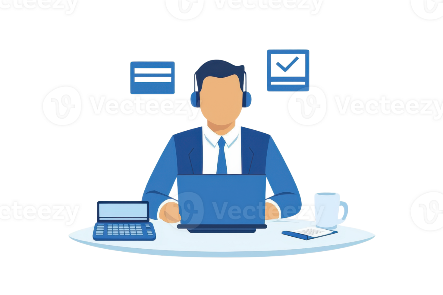 A focused individual in a blue suit working on a laptop, equipped with a calculator, coffee cup, and headphones. png