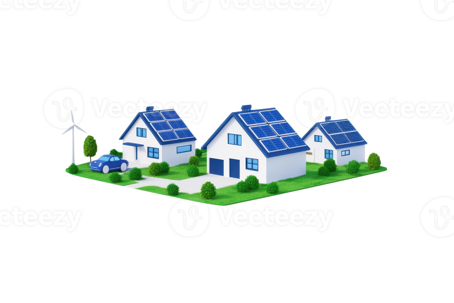 A collection of eco-friendly houses featuring solar panels and a wind turbine, emphasizing sustainable energy solutions. png
