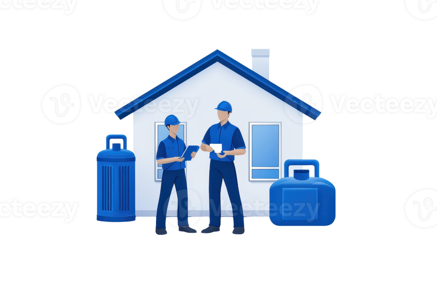Two workers in blue uniforms converse in front of a house, surrounded by containers, emphasizing home service and maintenance. png