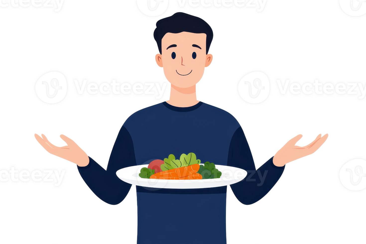 A smiling man holds a plate of colorful vegetables, showcasing a healthy meal choice with enthusiasm. png