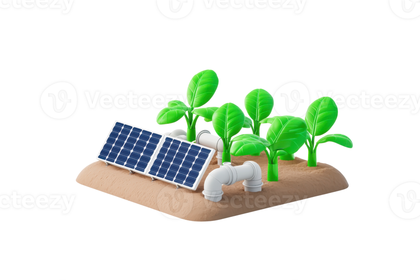 A small model featuring solar panels and vibrant green plants on a sandy base. png