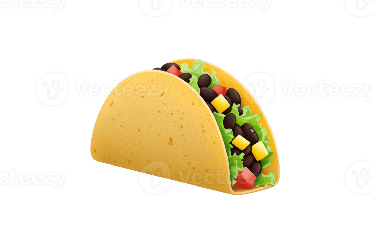 A colorful taco filled with various ingredients like lettuce, tomatoes, black beans, and cheese, showcasing a vibrant and appetizing look. png