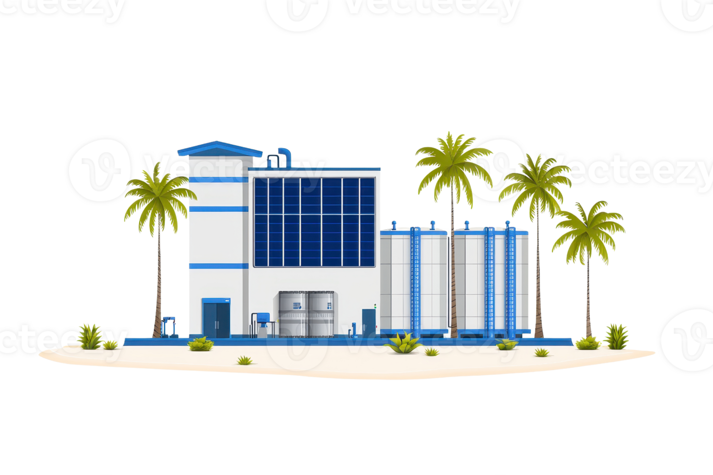 A modern industrial building featuring large windows, storage tanks, and palm trees, emphasizing a sleek architectural design. png
