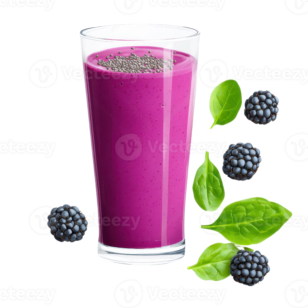 A vibrant purple smoothie in a tall glass, garnished with blackberries and fresh spinach leaves. png