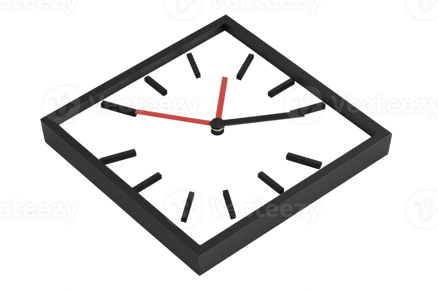 A sleek, modern square clock featuring black and red hands against a dark face. png