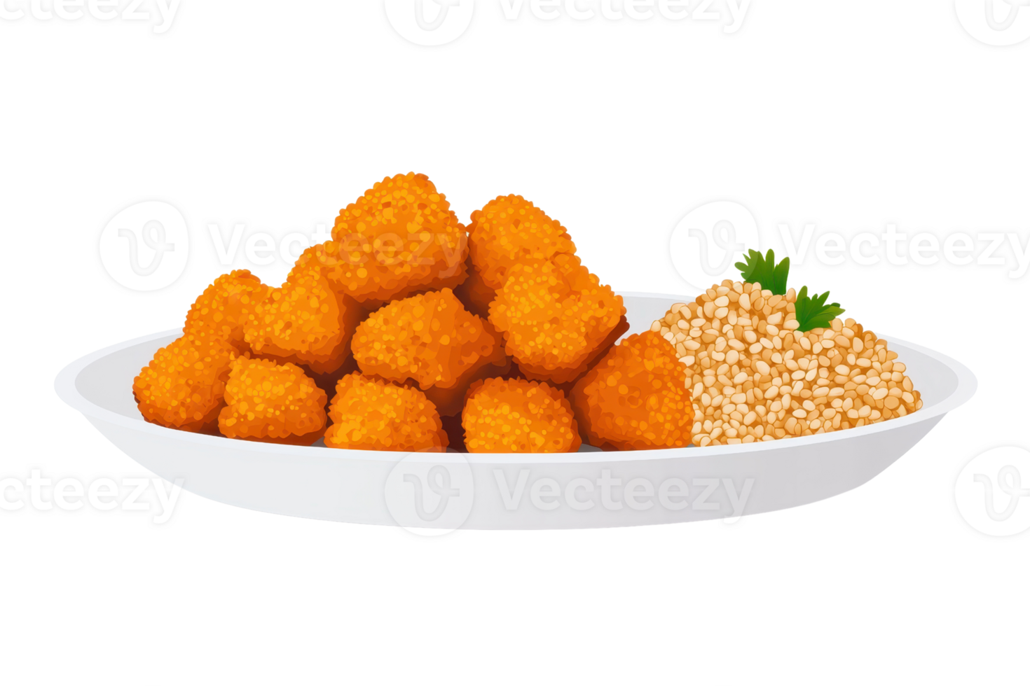 A plate filled with crispy, golden nuggets accompanied by a serving of sesame seeds garnished with fresh parsley. png
