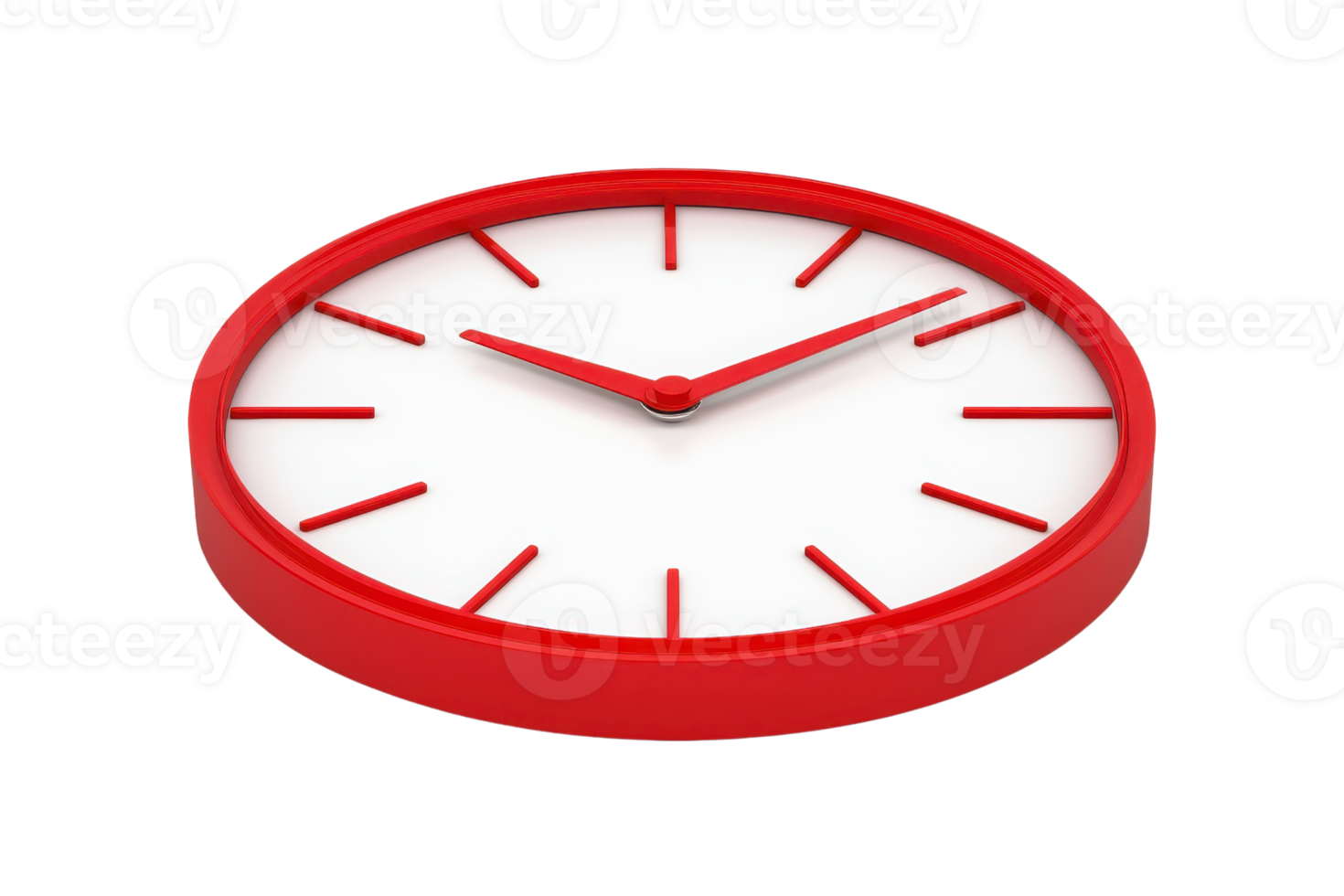 A vivid red clock with a white face and simple hour markers, showcasing bold, minimalist design elements. png