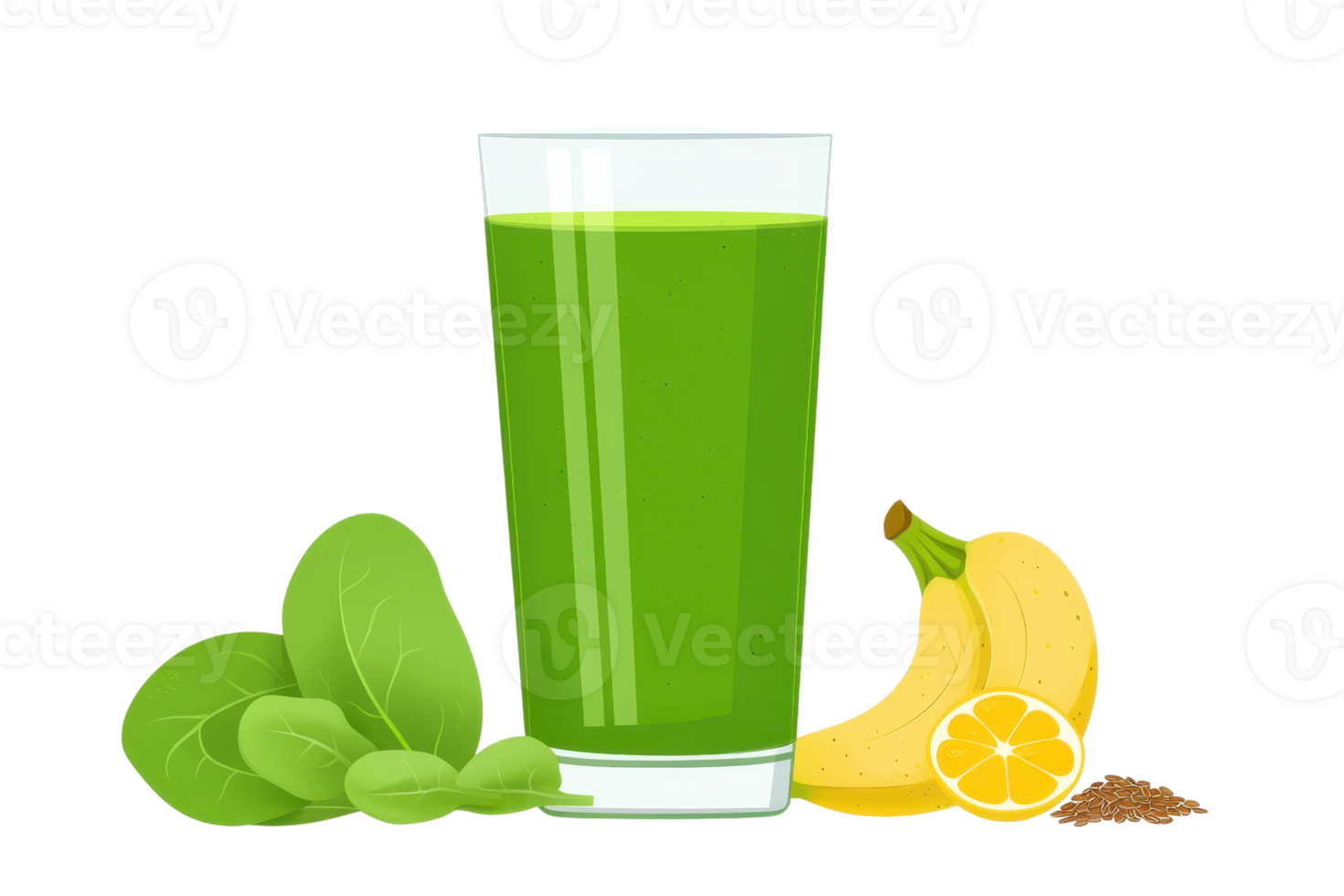 A tall glass filled with vibrant green smoothie, accompanied by fresh spinach leaves, a ripe banana, and a slice of lemon. png