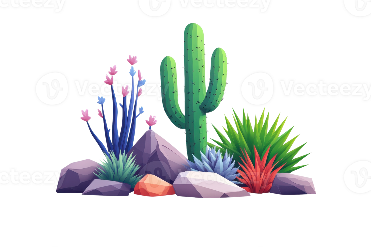 A vibrant arrangement of various cacti and succulents surrounded by colorful rocks and foliage. png