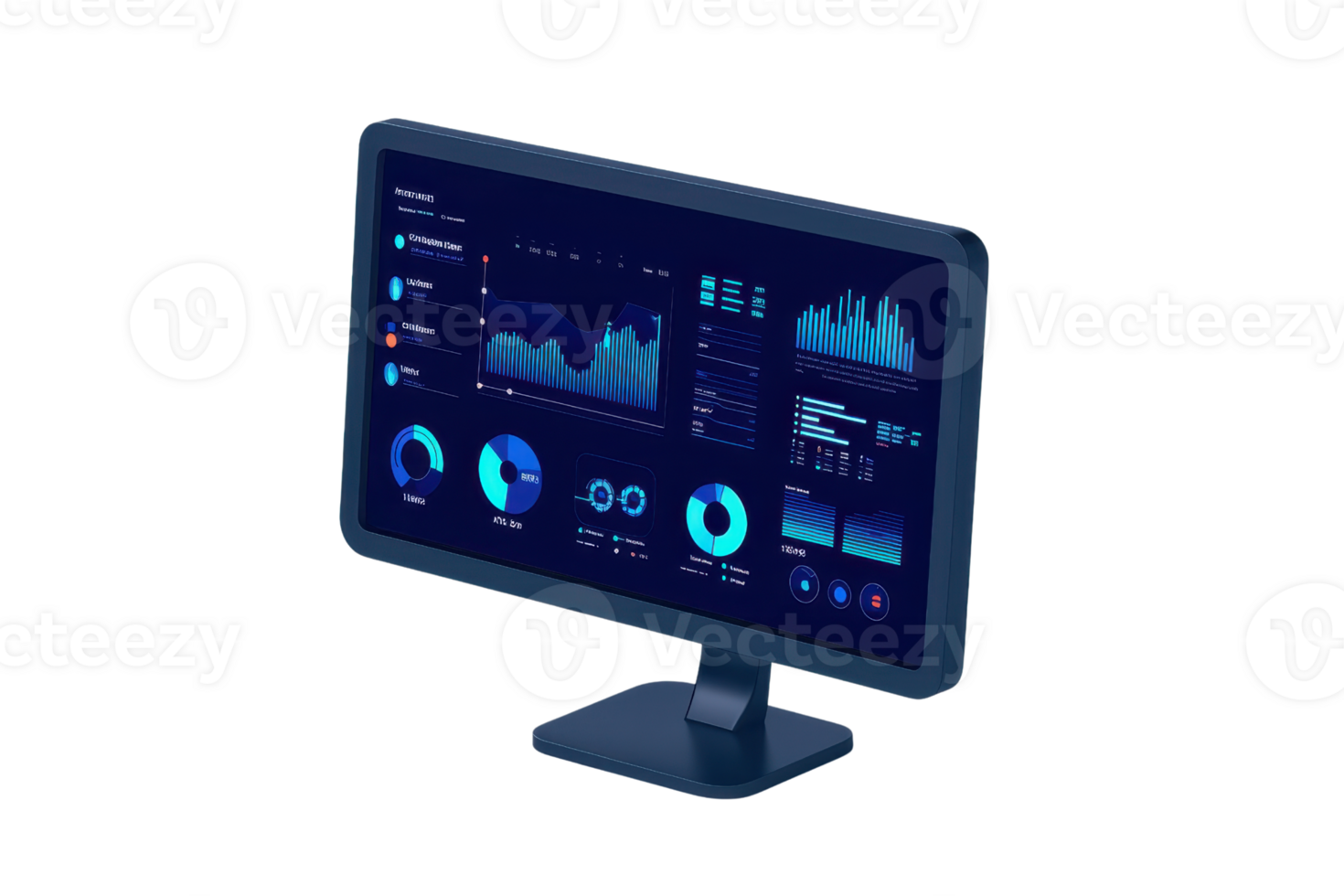 A modern monitor displaying data visualizations and analytics with vibrant blue graphics and charts. png