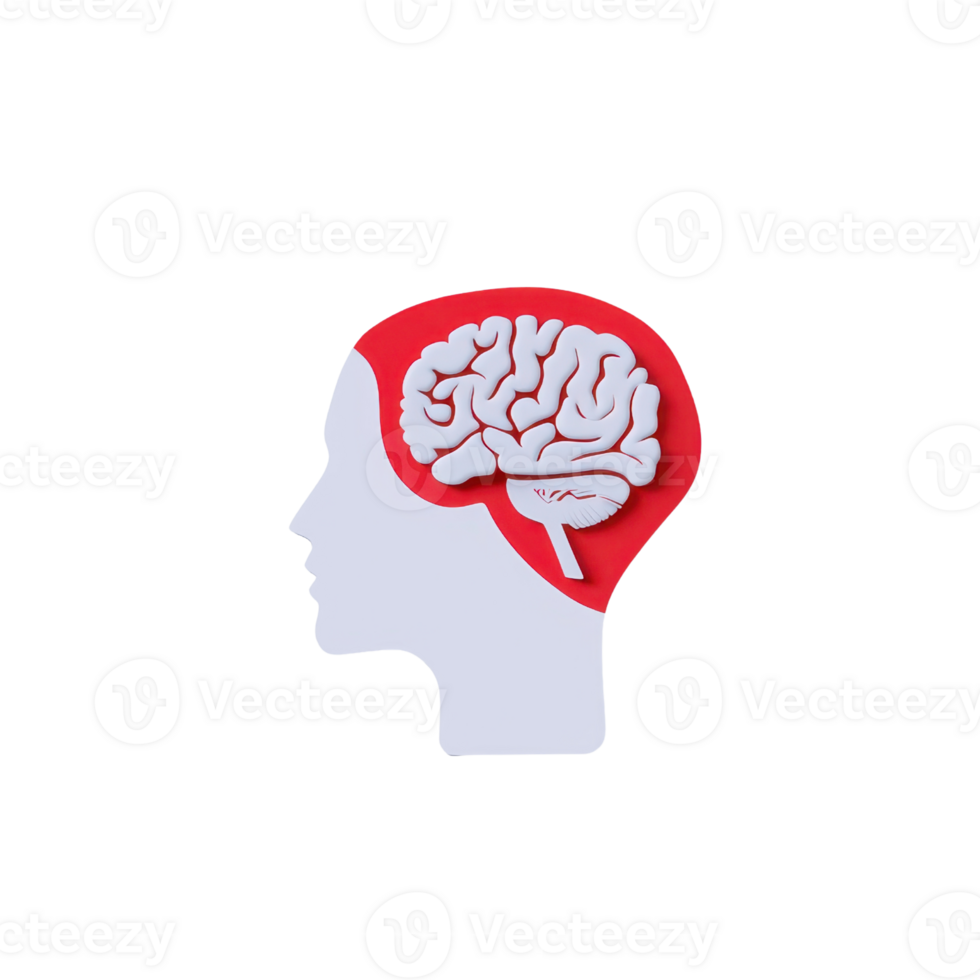 A profile silhouette of a human head with a detailed brain illustration inside, set against a bold red background. png