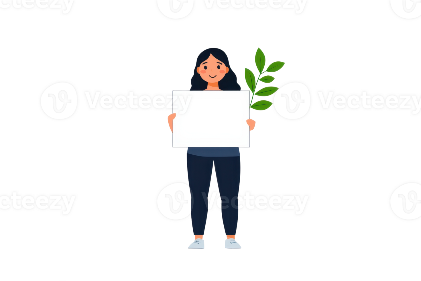 A young woman holds a blank sign in one hand and a green leaf in the other, smiling and standing confidently. png