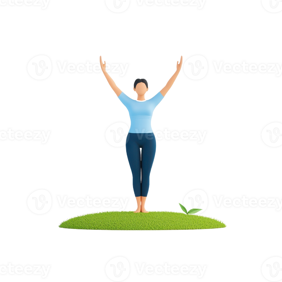 A stylized figure stands with arms raised, expressing joy and vitality, positioned on a small patch of grass. png