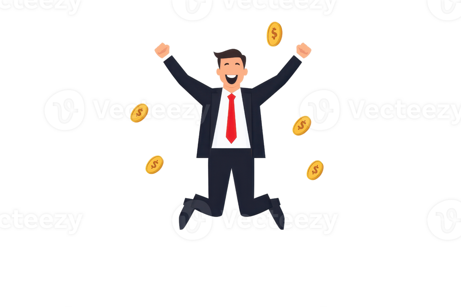 A joyful businessman jumps with excitement, surrounded by flying coins, symbolizing success and prosperity. png
