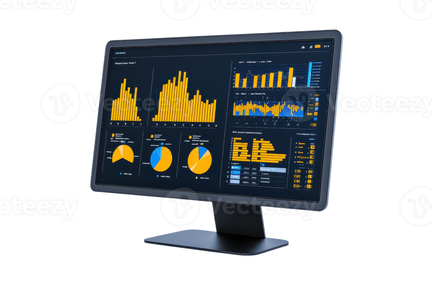 A monitor displaying colorful statistical graphs and charts, showcasing data visualization and analytics. png