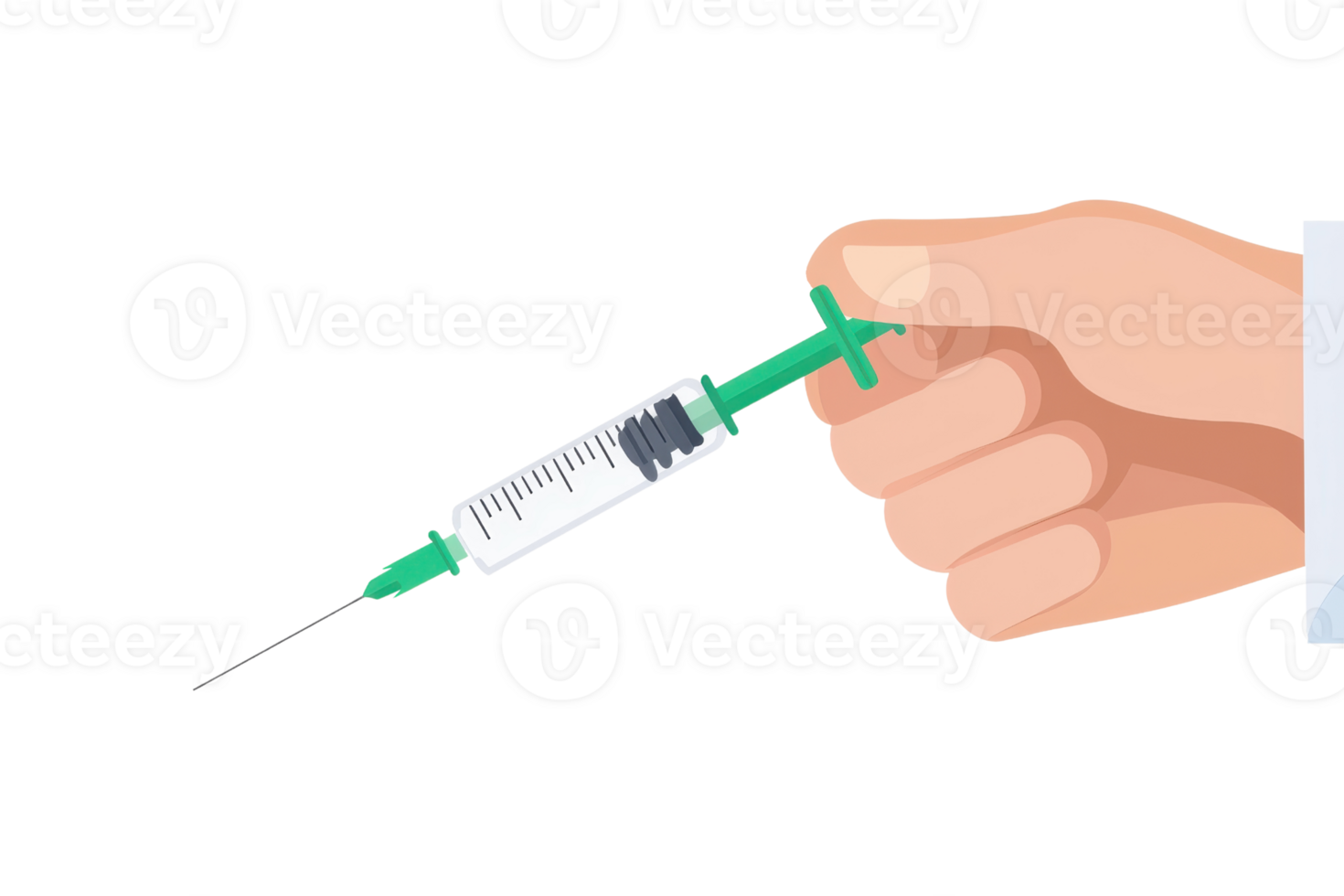 A hand holding a medical syringe filled with liquid, featuring a green plunger and a thin needle. png