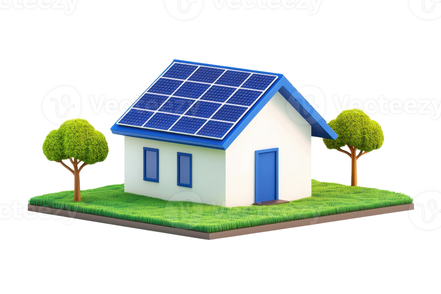 A small, modern house with solar panels on the roof, surrounded by greenery and two trees. png