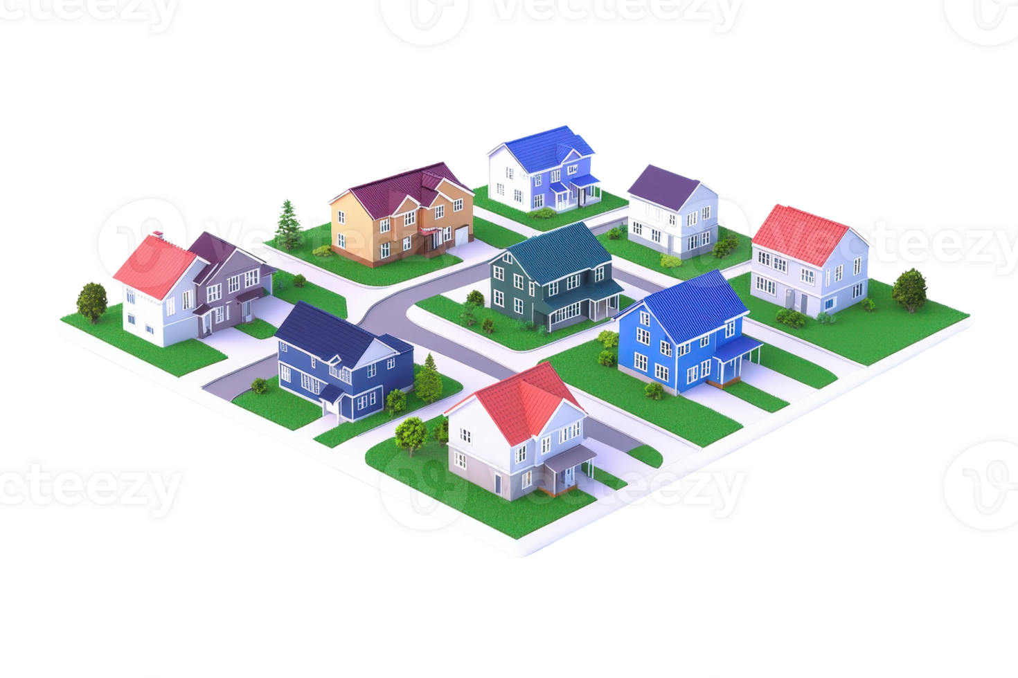 A vibrant neighborhood featuring various styled houses with colorful roofs and neatly arranged streets. png
