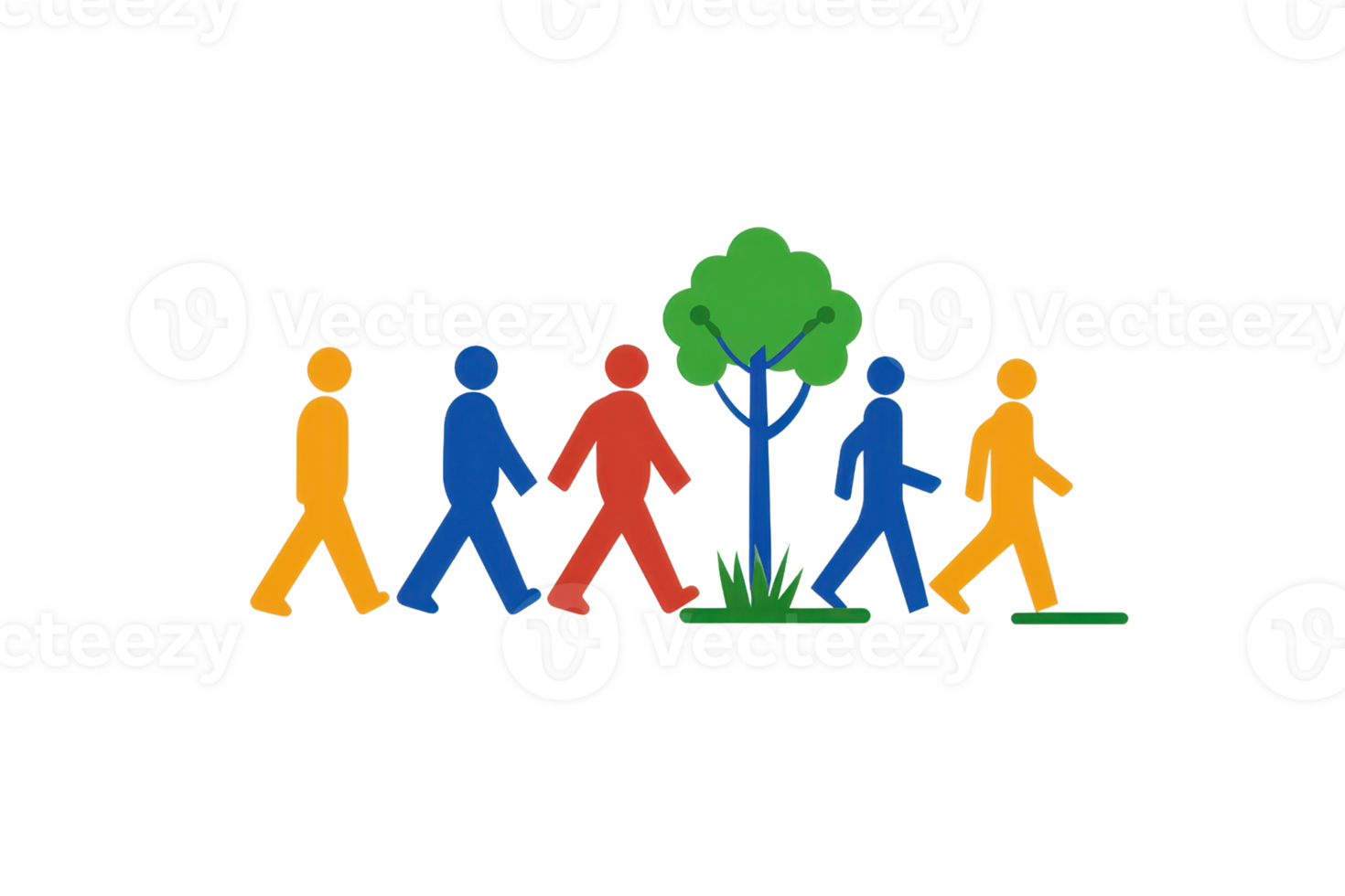 A group of stylized figures walking beside a green tree, showcasing diverse colors and a sense of movement. png