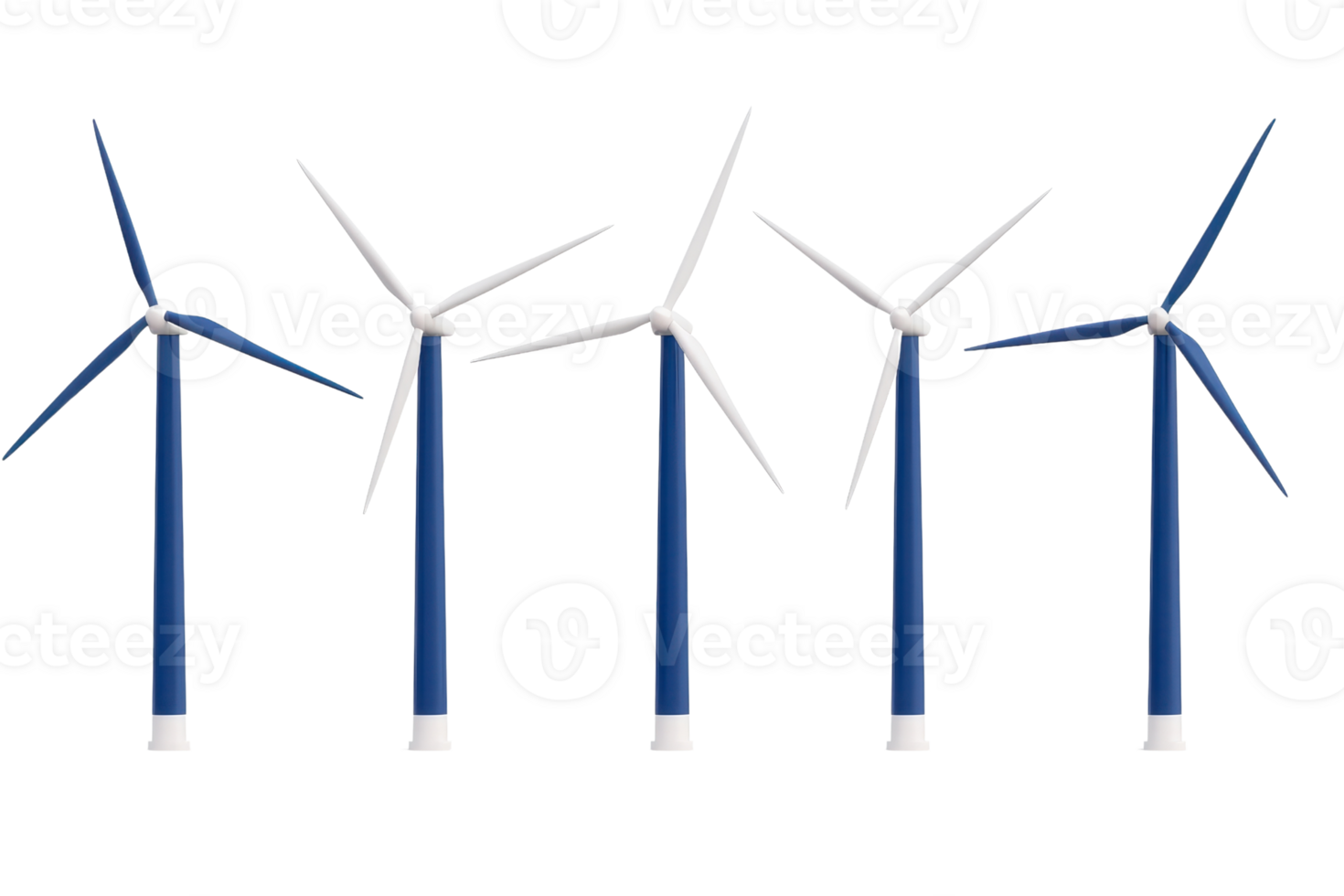 Five wind turbines with blue towers and white blades, showcasing renewable energy technology. png