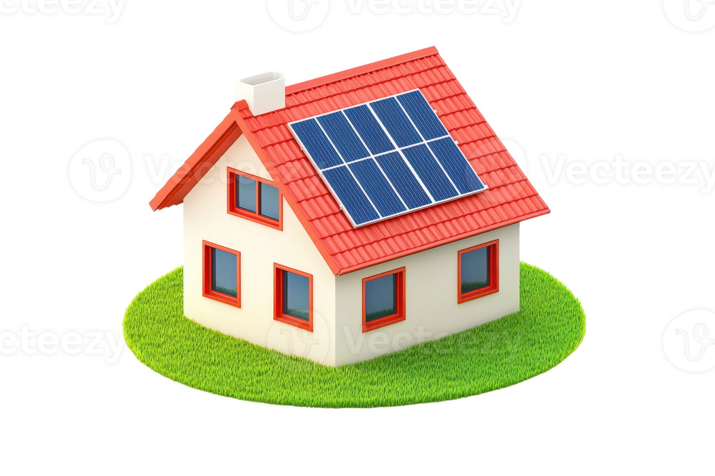 A charming house with solar panels on the roof, featuring a red tiled roof and colorful window frames. png