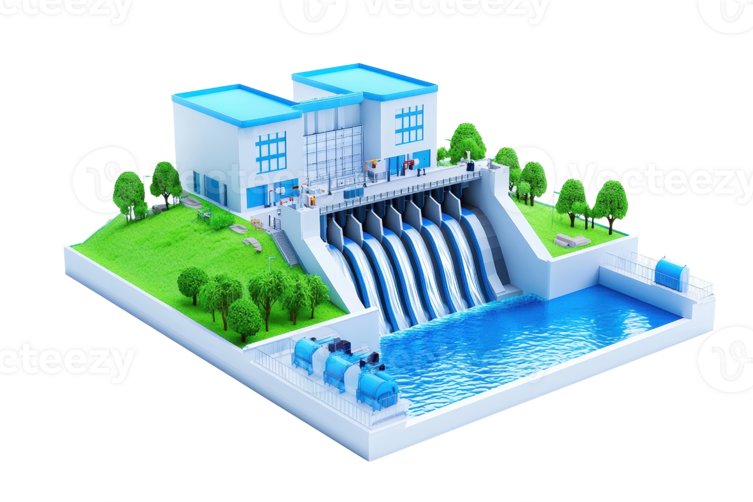 A modern hydroelectric power station model with cascading water flows, surrounded by greenery and featuring a blue-roofed building. png